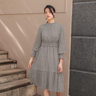 Mock-neck Smocked-waist Pattern Dress Beige - One Size
