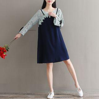 Long-sleeve Lace Panel Shift Dress
