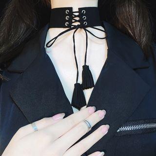 Lace-up Tasseled Choker Black - One Size