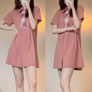 Short-sleeve Tie-neck Mini A-line Shirtdress