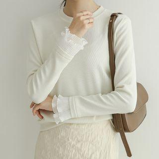 Pleated-cuff Ribbed Top