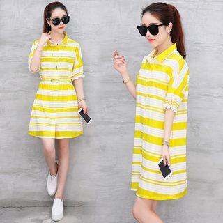 Elbow-sleeve Striped Shirtdress With Belt