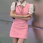 Short-sleeve Collared Mini Sheath Dress Pink - One Size