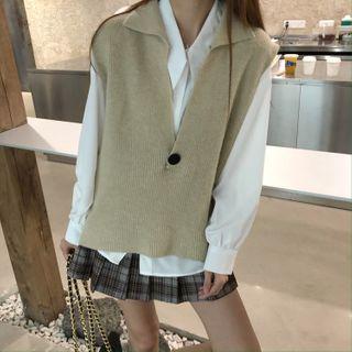 Long-sleeve Plain Shirt / Plain Knit Vest / Plaid Pleated A-line Mini Skirt