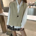 Long-sleeve Plain Shirt / Plain Knit Vest / Plaid Pleated A-line Mini Skirt