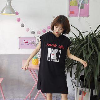 Print Sleeveless Hooded T-shirt Dress