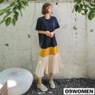 Plus Size Color-block Long Pleats-hem Dress