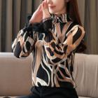 Printed Stand-collar Long-sleeve Blouse
