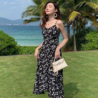 Spaghetti Strap Flower Print Midi A-line Dress