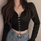 Hook-and-eye Crop Knit Top Black - One Size