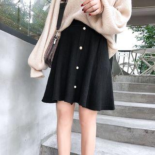 Button-front Mini A-line Knit Skirt