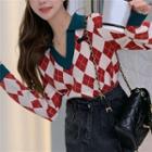 Argyle Print Knit Top Rhombus - Red & White - One Size