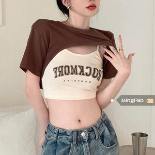 Set: Lettering Crop Camisole Top + Short-sleeve Asymmetrical Crop T-shirt