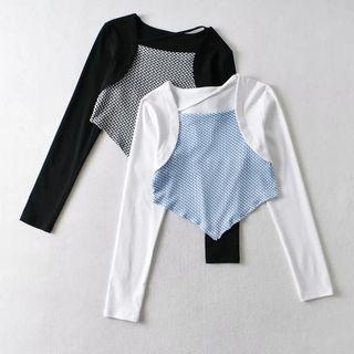 Mock-two-piece Plaid Print Long-sleeve Crop Top