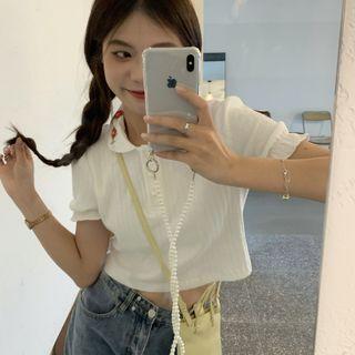 Short-sleeve Collar Crop Top White - One Size