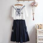 Set: Short-sleeve Sailor Print T-shirt + Embroidered A-line Midi Skirt As Shown In Figure - One Size