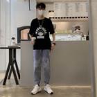Short-sleeve Lettering Print T-shirt / Denim Jogger Pants / Set