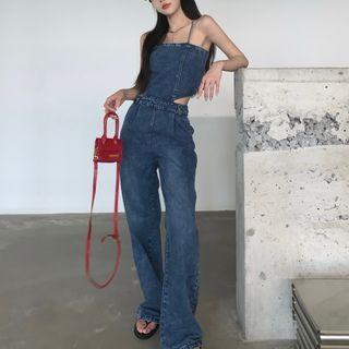 Spaghetti Strap Cutout Denim Jumpsuit / Cardigan