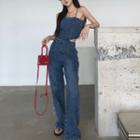 Spaghetti Strap Cutout Denim Jumpsuit / Cardigan