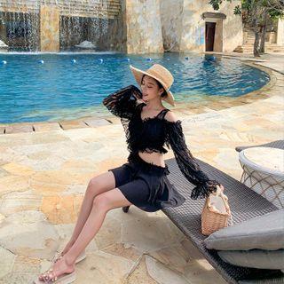 Long-sleeve Cold Shoulder Lace Cutout Swimdress