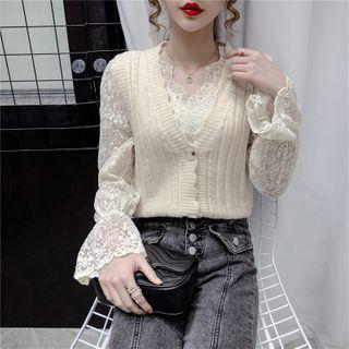 Set: Lace Blouse + Scallop Trim Knit Button Vest