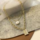 Alloy Tag Faux Pearl Pendant Layered Necklace Yn016-01 - Gold - One Size