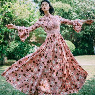 Long Sleeve Mock Neck Floral Print Maxi A-line Dress
