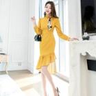 Tie-neck Ruffle Hem Long-sleeve Sheath Dress