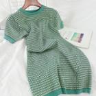 Short-sleeve Patterned Knit Dress Green - One Size