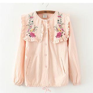 Flower Embroidered Frill Trim Collared Long Sleeve Top