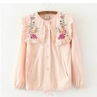Flower Embroidered Frill Trim Collared Long Sleeve Top