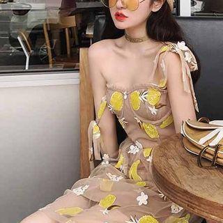Pineapple Embroidered Spaghetti Strap Dress