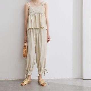 Set: Spaghetti-strap Flared Top + Harem Pants Khaki - One Size