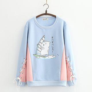 Cat Print Color-block Lace-up Pullover