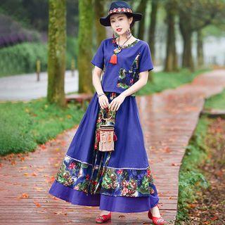 Set: Floral Short-sleeve Top + Midi A-line Skirt