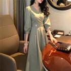 V-neck Elbow-sleeve Midi A-line Dress Avocado Green - One Size