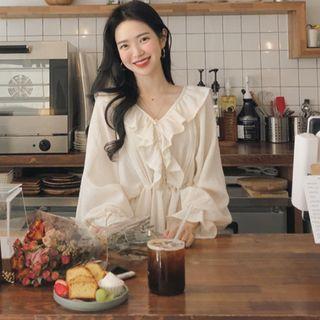 Ruffled Blouse Beige - One Size