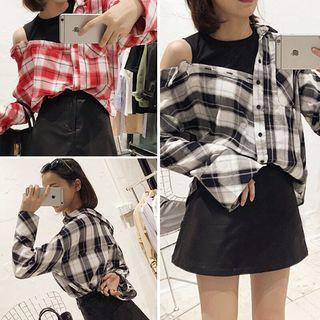 Plaid Asymmetric Mock Two-piece Blouse