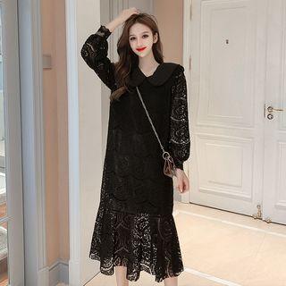 Plain Peter Pan Collar Lace Long-sleeve Dress