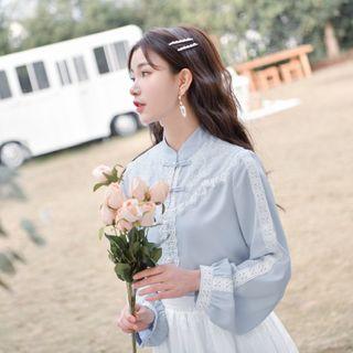Long-sleeve Lace Panel Mandarin Collar Blouse