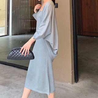 Set: Spaghetti Strap Midi Knit Dress + 3/4-sleeve Jacket
