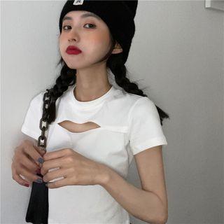 Short-sleeve Plain Cutout Slim-fit T-shirt