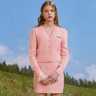 Puff-shoulder Cable-knit Crop Cardigan Pink - One Size