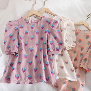 Floral Applique Puff-sleeve Chiffon Top