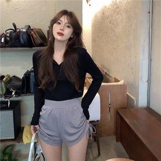 Round-neck Plain Button-up Top