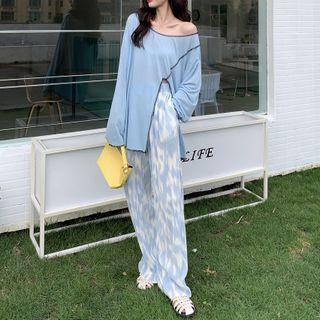 Long-sleeve Slit T-shirt / Tie-dye Print Wide-leg Pants