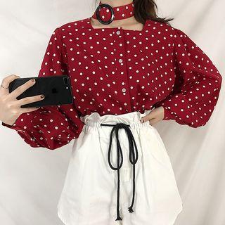 Polka Dot Choker Blouse / Drawstring Waist Shorts