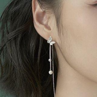 925 Sterling Silver Butterfly Faux Pearl Fringed Earring