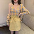 Plaid Shirt / Plaid Camisole Top / Paperbag Waist A-line Skirt