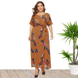 Plus-size Short-sleeve Floral Maxi A-line Dress